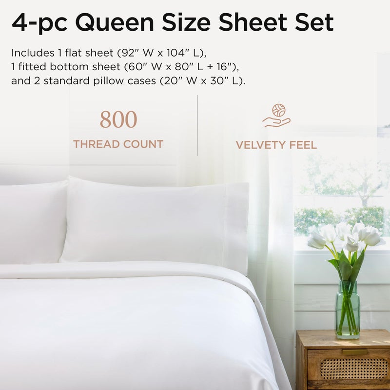 Threadmill Luxury Queen Sheet Set 800 Thread Count for Queen Size Bed - Hotel White Sateen Queen Bed Sheets, Better Than Egyptian Cotton,4 Pc Solid Soft Breathable Bed Set, Fits 16" Deep Pocket - Image 2